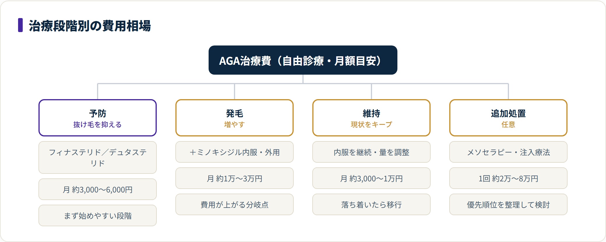 AGA治療費を予防・発毛・維持・追加処置の段階別に月額目安で整理した図。