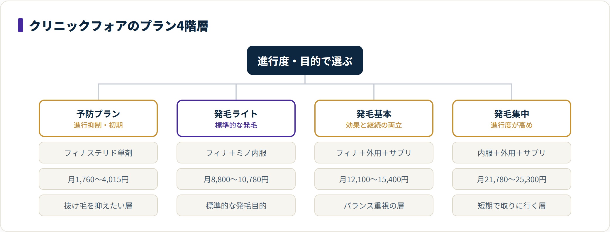 クリニックフォアのプランを予防・発毛ライト・発毛基本・発毛集中の4階層に整理した分類図。