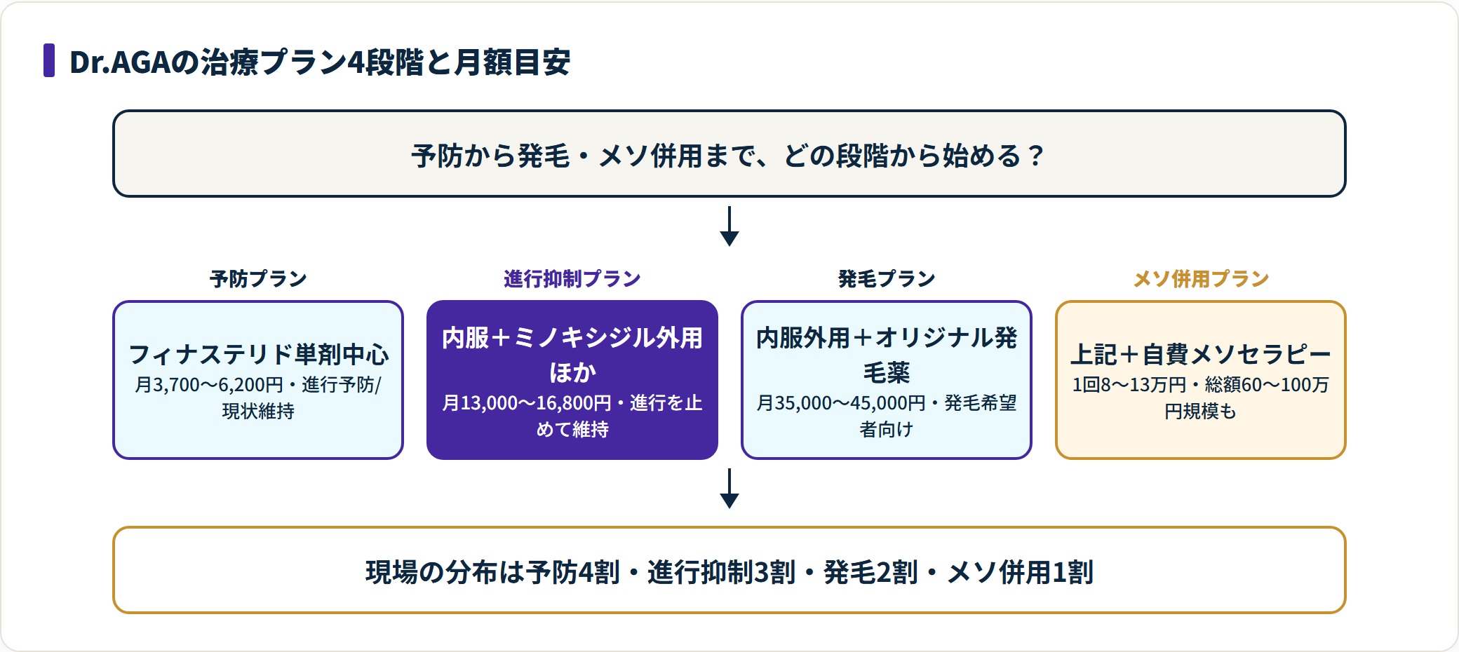 Dr.AGAの治療プランを予防・進行抑制・発毛・メソ併用の4段階で月額目安とともに示した図。