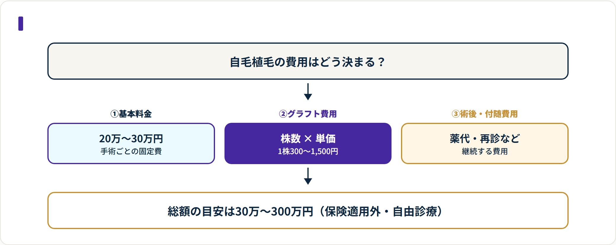 自毛植毛の費用は基本料金20万〜30万円、グラフト費用1株300〜1,500円、術後費用の3つで決まる。