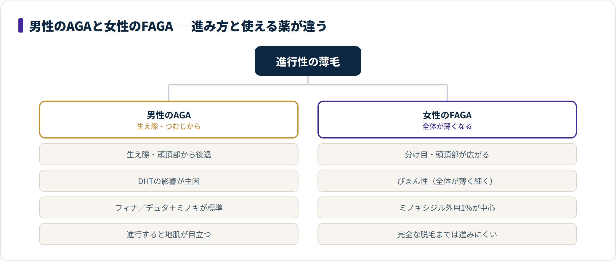 男性のAGAは生え際から後退しフィナ・デュタが標準だが、女性のFAGAは全体が薄くなりミノキシジル外用1%が中心で、フィナ・デュタは使えない。
