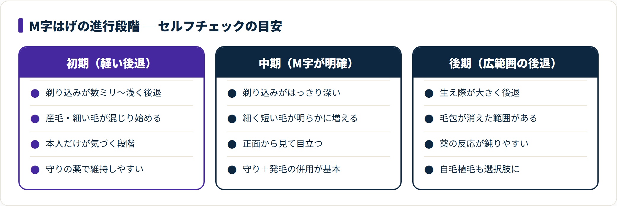 M字はげは初期・中期・後期で生え際の後退と毛の状態が異なり、初期ほど薬で維持しやすい。