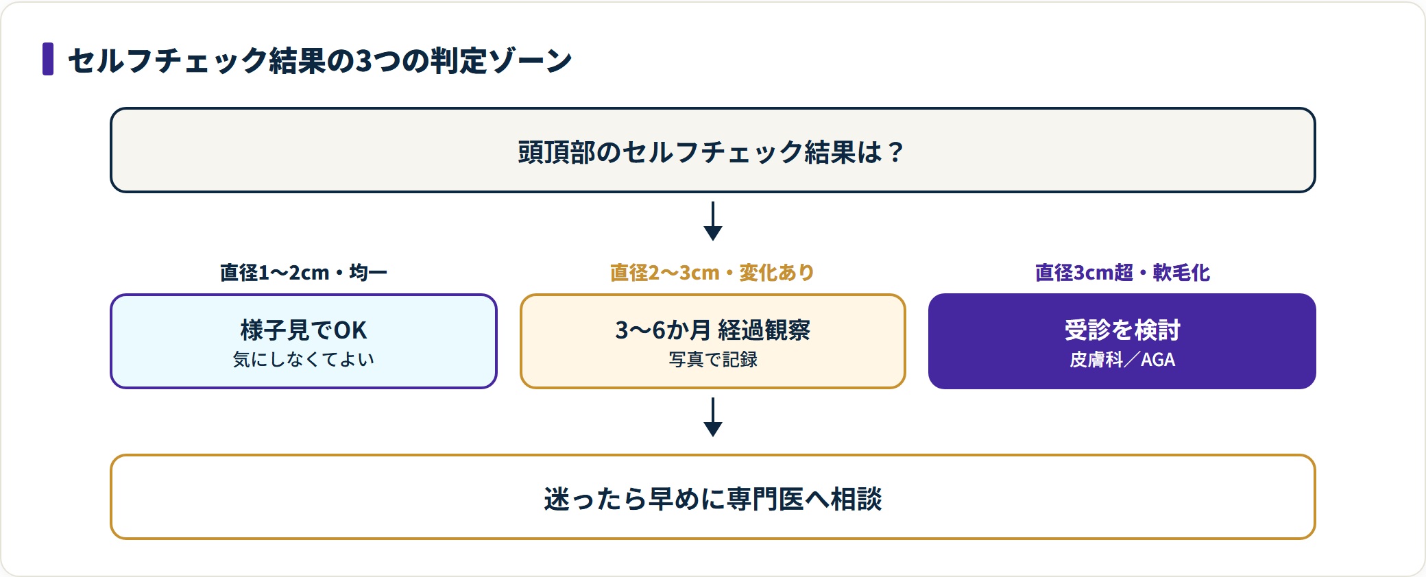 地肌の直径1〜2cmは様子見、2〜3cmは経過観察、3cm超+軟毛化は受診検討という3つの判定ゾーンを示すフロー図。
