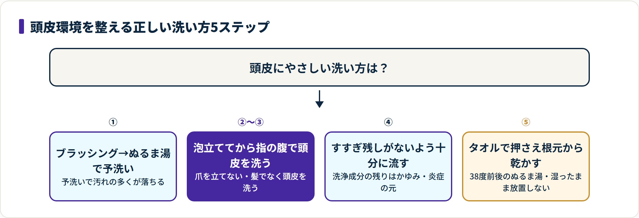 頭皮環境を整える正しい髪の洗い方を予洗いから乾燥まで5ステップで示した図。