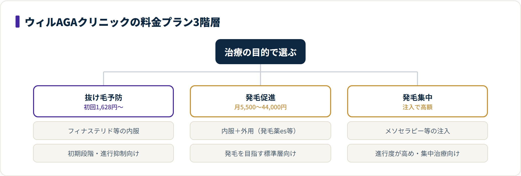 図:料金は目的別に予防・発毛促進・発毛集中の3階層で整理できる(2026年7月時点・公式公表参考)。